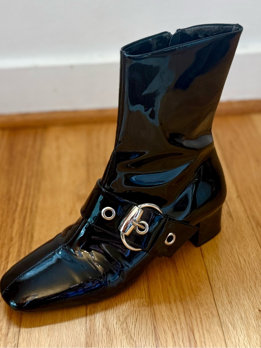 Franco Sarto Black Patent Mid-Calf Boots with Buckle Strap